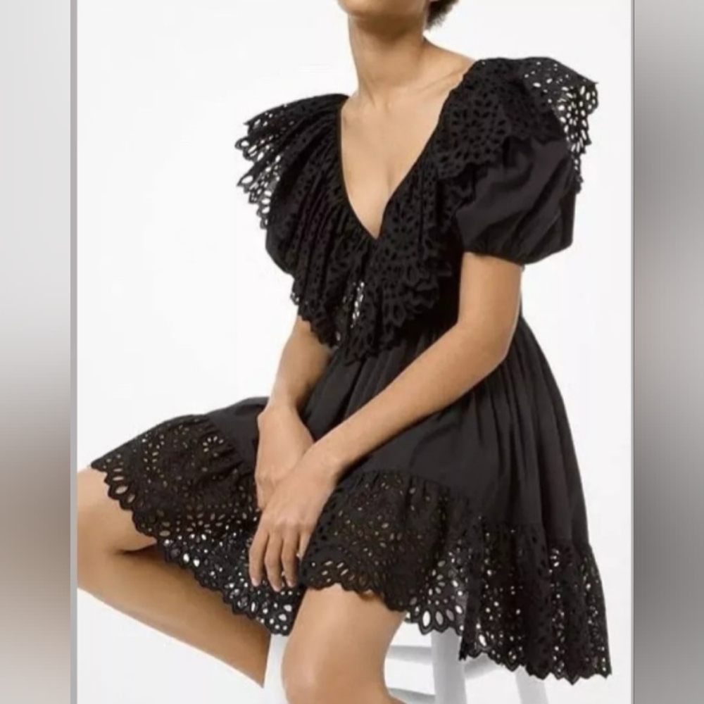 MICHAEL KORS COLLECTION Elegant Black Eyelet Dress With Ruffles size 6